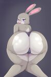  2:3 absurd_res anthro big_butt butt clothing disney female fur hi_res huge_butt judy_hopps lagomorph leporid looking_at_viewer looking_back maldoando mammal purple_eyes rabbit simple_background smile solo tail thick_thighs thong underwear wide_hips zootopia 