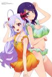  2girls :d :o absurdres ahoge arm_under_breasts bare_arms bikini black_hair blue_eyes blue_hair breasts character_request cleavage collarbone green_bikini hair_ornament hair_ribbon highres large_breasts long_hair looking_at_viewer medium_hair megami_magazine multiple_girls navel official_art one-piece_swimsuit open_mouth orange_one-piece_swimsuit purple_eyes ribbon scan sidelocks simple_background small_breasts smile standing swimsuit very_long_hair white_background world_dai_star 