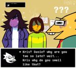  2023 absurd_res alphys ambiguous_gender anthro blarf022 blush blush_lines deltarune dialogue embarrassed english_text eyewear female footprint glasses group hi_res human kris_(deltarune) looking_away mammal purple_body purple_scales question_mark reptile scales scalie smelly stink_fumes susie_(deltarune) text text_box trio undertale_(series) yellow_body yellow_scales yellow_skin 