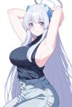  1girl alternate_costume armpits arms_behind_head arms_up black_sweater blue_archive blue_pants breasts closed_mouth commentary_request denim grey_hair halo highres jeans large_breasts long_hair looking_at_viewer noa_(blue_archive) pants purple_eyes reia_76 ribbed_sweater sideboob sidelocks simple_background sleeveless sleeveless_sweater sleeveless_turtleneck smile solo sweater turtleneck very_long_hair white_background 