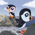 alcid ambiguous_gender avian avian_feet beak big_head bird blurred_background chibi cloud detailed_background duo feathered_wings feathers feral hasbro hi_res lari lithiumlps littlest_pet_shop lps_1748 lps_654 membrane_(anatomy) on_model puffin realistic_wings seaside toony webbed_feet wings 