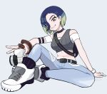  1girl arm_support belt black_belt black_socks blue_hair blush bracelet brown_eyes camera commentary_request denim ebiura_akane eyelashes full_body grey_background grey_vest grin highres holding holding_camera jeans jewelry looking_down navel off-shoulder_shirt off_shoulder pants perrin_(pokemon) pokemon pokemon_(game) pokemon_sv ribbed_socks shirt shoes short_hair sitting smile socks solo teeth torn_clothes torn_jeans torn_pants vest white_footwear white_shirt 