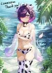  1girl absurdres animal_ears animal_print azur_lane bare_shoulders bell bikini blush breasts closed_mouth commission cone_hair_bun cow_ears cow_horns cow_print cow_tail cowbell double_bun hair_bun hair_over_one_eye highres horns jervis_(azur_lane) large_breasts leaf looking_at_viewer navel palm_leaf purple_eyes purple_hair short_hair side-tie_bikini_bottom signature skeb_commission solo standing swimsuit tail thighhighs water werewolf_kg 