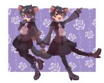  2girls black_footwear black_hair black_pantyhose black_shorts black_skirt blush boots brown_eyes brown_hair extra_ears eyepatch fang frilled_shirt frilled_shorts frilled_skirt frilled_sleeves frills gloves grey_gloves grey_shirt hair_between_eyes high_collar high_heels kemono_friends kemono_friends_3 long_hair long_sleeves looking_at_viewer majikaru_pokonyan multicolored_hair multiple_girls neckerchief official_alternate_costume open_mouth pantyhose puffy_shorts shirt short_hair shorts sidelocks skirt smile tasmanian_devil_(kemono_friends) tasmanian_devil_ears white_neckerchief 