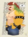  2023 abs absurd_res anthro armband armpit_hair barazoku beard biceps big_bulge big_muscles body_hair bottomwear bowser bowser_day bracelet breath bulge chest_hair clothed clothing deltoids denim denim_clothing dressing emanata english_text eyebrows facial_hair flufflecraft grey_background hair hi_res horn huge_bulge huge_muscles jeans jewelry koopa long_hair male mario_bros meme muscular muscular_anthro muscular_male mustache necklace nintendo nipples non-mammal_nipples pants pecs scalie serratus side_view simple_background solo spiked_armband spiked_bracelet spikes standing text text_background thought_bubble tight_pants_(meme) topless topless_anthro topless_male underwear unzipped zipper 