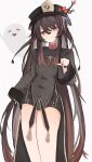  1girl :p absurdres bare_legs black_coat black_headwear black_nails black_shorts boo_tao_(genshin_impact) coat feet_out_of_frame flower genshin_impact ghost hat hat_flower hat_tassel highres hu_tao_(genshin_impact) long_coat long_hair long_sleeves looking_at_viewer nui_(nuinui0300) orange_eyes shorts simple_background smile solo tongue tongue_out twintails very_long_hair white_background 