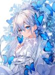  1girl blue_butterfly blue_eyes blush bow bug butterfly commentary dress earrings grey_hair hair_between_eyes highres jewelry long_hair original solo symbol-only_commentary white_bow white_dress yuniiho 