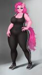  2022 anthro anthrofied big_breasts blue_eyes bodysuit breasts cleavage clothed clothing earth_pony equid equine female footwear friendship_is_magic fur hair hand_on_hip hasbro hi_res horse looking_at_viewer mammal my_little_pony pink_body pink_fur pink_hair pink_tail pinkie_pie_(mlp) pony shoes skinsuit sneakers solo tail text tight_clothing transfaled_(fwexz) url vans 