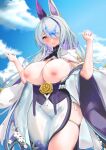  1girl absurdres animal_ears asymmetrical_bangs azur_lane blue_sky breast_curtains breasts chinese_commentary colored_inner_hair commentary_request curvy ear_covers grey_hair hair_over_one_eye hands_up heart heart-shaped_pupils highres huge_breasts jacket jacket_on_shoulders japanese_clothes kimono large_breasts long_hair looking_at_viewer minuo_songshu multicolored_hair nipples no_bra obi off_shoulder open_mouth purple_eyes purple_hair rabbit_ears sakuramon sash side_slit single_ear_cover skindentation sky solo streaked_hair symbol-shaped_pupils thick_thighs thigh_strap thighs underbust unzen_(azur_lane) very_long_hair w_arms white_jacket white_kimono wide_sleeves 