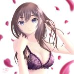  1girl artist_name blue_eyes bra breasts brown_hair cleavage closed_mouth commentary hands_in_hair highres long_hair looking_at_viewer medium_breasts original osumi_izumi petals signature simple_background smile solo underwear underwear_only upper_body white_background 