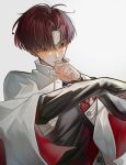  1boy absurdres blush earrings fate/grand_order fate_(series) hair_over_one_eye highres jacket jewelry long_sleeves male_focus red_eyes red_hair short_hair simple_background solo sweatdrop takasugi_shinsaku_(fate) takasugi_shinsaku_(first_ascension)_(fate) upper_body white_background white_jacket yogu_tachi 