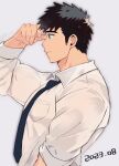  1boy bara black_hair from_side highres light_smile long_sideburns looking_ahead male_focus muscular muscular_male necktie nnn_nishi original pectorals salaryman short_hair sideburns sideburns_stubble solo thick_eyebrows 