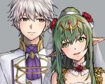  1boy 1girl bridal_veil brown_eyes collarbone dress fire_emblem fire_emblem_awakening fire_emblem_heroes formal green_eyes green_hair grey_hair hair_ornament highres husband_and_wife official_alternate_costume pointy_ears ponytail robin_(fire_emblem) robin_(male)_(fire_emblem) smile suit tiki_(adult)_(fire_emblem) tiki_(fire_emblem) upper_body veil wedding_dress zuzu_(ywpd8853) 