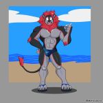 1:1 anthro athletic athletic_anthro athletic_male beach blue_clothing blue_swimwear clothing container cup cup_in_hand felid footwear hand_on_hip hi_res holding_container holding_cup holding_object lion male mammal mane mattvalkyrie muscular muscular_anthro muscular_male open_mouth open_smile pantherine red_mane rike_(troy300) sandals seaside smile solo swimming_trunks swimwear tail 