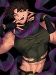  1boy abs battle_tendency blue_scarf brown_hair carota327 crop_top fangs fingerless_gloves gloves green_eyes highres jojo_no_kimyou_na_bouken joseph_joestar joseph_joestar_(young) large_pectorals male_focus midriff multicolored_clothes multicolored_scarf pectorals purple_scarf scarf shirt sleeveless_turtleneck_crop_top solo striped striped_scarf tight tight_shirt vertical-striped_scarf vertical_stripes 