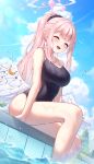  1girl absurdres blue_archive highres mika_(blue_archive) pink_hair pool poolside soaking_feet solo soo_ou trinity_general_school_swimsuit 