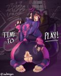  1girl anus ass ass_focus back black_hair blush breasts buskhusker fingerless_gloves from_behind gloves hair_horns han_juri highres huge_ass kneeling presenting presenting_pussy purple_eyes pussy solo street_fighter street_fighter_iv_(series) tongue tongue_out 