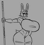  anthro antlers arm_warmers armwear big_breasts big_butt breasts butt clothing female fluffy fluffy_tail hazel_(shewiff) hi_res holding_object holding_staff holding_weapon horn huge_breasts huge_butt humanoid jackalope lagomorph legwear mammal monochrome shewiff solo staff tail thick_thighs thigh_highs weapon wide_hips 
