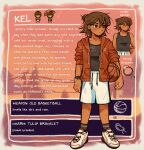  1boy alternate_hairstyle artist_name ball basketball black_socks bracelet brown_eyes brown_hair character_name collarbone dark-skinned_male dark_skin english_text highres holding holding_ball hood hoodie jewelry kel_(omori) looking_away looking_to_the_side omori orange_hoodie shoes shorts sneakers socks solo spoilers white_footwear white_shorts zipsunz 