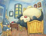  :o absurdres bed chair commentary ditto dutch_commentary eating english_commentary fine_art_parody highres indoors looking_at_another mew_(pokemon) mixed-language_commentary munchlax no_humans painting_(medium) painting_(object) parody pikachu poke_ball poke_ball_(basic) pokemon pokemon_(creature) sitting sleeping snorlax sowsow the_bedroom_(van_gogh) traditional_media window 