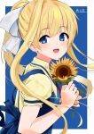  1girl :d air_(visual_novel) blonde_hair blue_background blue_dress blue_eyes blush commentary copyright_name dress eyelashes eyes_visible_through_hair floating_hair flower from_side hair_between_eyes hair_ribbon holding holding_flower kamio_misuzu long_hair looking_at_viewer open_mouth ponytail puffy_short_sleeves puffy_sleeves ribbon school_uniform shirt short_sleeves sidelocks simple_background smile solo sunflower teeth upper_body upper_teeth_only very_long_hair white_ribbon yellow_shirt zenoo 