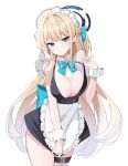  1girl apron blonde_hair blue_archive bow breasts cleavage detached_collar frilled_apron frills halo highres large_breasts long_hair looking_at_viewer maid maid_apron maid_headdress nannung sleeveless toki_(blue_archive) very_long_hair waist_apron white_apron wrist_cuffs 
