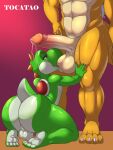  absurd_res anthro balls big_ball big_butt bodily_fluids bowser butt duo genital_fluids genital_size_difference genitals green_yoshi hi_res humanoid_genitalia humanoid_penis kneeling kneeling_oral_position koopa licking male male/male male_on_bottom male_on_top mario_bros nintendo nipples nude on_bottom on_top oral penis scalie seductive sex simple_background tocatao tongue tongue_out yoshi 