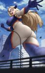  1girl absurdres ass blonde_hair blue_sky blurry blurry_foreground bodysuit boku_no_hero_academia breasts commentary_request day domino_mask feet from_below giant giantess highres horns large_breasts long_hair looking_at_viewer looking_back mask mount_lady open_mouth purple_eyes skin_tight sky solo thighs yoshio_(55level) 
