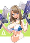  1girl absurdres bare_shoulders bikini blue_eyes breasts brown_hair choker cleavage eunie_(xenoblade) grin gun head_wings highres holding holding_gun holding_weapon i_am_anddo long_hair looking_at_viewer navel official_alternate_costume smile solo swimsuit upper_body weapon xenoblade_chronicles_(series) xenoblade_chronicles_3 