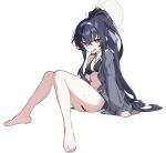  1girl barefoot bikini black_bikini black_hair blue_archive blush breasts grey_jacket hair_between_eyes hair_ribbon hairband halo highres jacket jewelry long_hair long_sleeves looking_at_viewer necklace open_clothes open_mouth ponytail purple_hairband purple_ribbon ribbon simple_background sitting small_breasts solo sweat swimsuit tamago_(eva1314056) ui_(blue_archive) ui_(swimsuit)_(blue_archive) very_long_hair white_background 