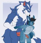  anal anal_penetration animated anthro arm_pull balls bent_over big_balls big_penis black_hair black_nose blue_background blue_body blue_fur border canid canine canis capcom coyote dakota_talbain darkstalkers duo eyebrows eyes_closed facial_tuft fluffy fluffy_tail from_behind_position fur genitals hair holding_arm jon_talbain larger_male male male/male mammal muscular muscular_anthro muscular_male neck_tuft penetration penile penile_penetration penis penis_in_ass pink_nose prison_guard_position sairusfrost sex short_hair signature simple_background size_difference slim smaller_male smaller_penetrated smile spots standing standing_sex tail tuft were werecanid werecanine werewolf white_body white_border white_fur 