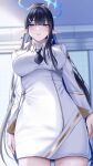  1girl black_hair black_necktie blue_archive blue_eyes blush breasts dress halo highres jacket large_breasts long_hair looking_at_viewer necktie nicky_w no_eyewear pointy_ears ponytail rin_(blue_archive) solo very_long_hair white_dress white_jacket 