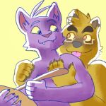  1:1 2016 5_fingers ahoge amber_eyes anthro baking biped blue_eyes brown_body brown_fur canid canine cheek_tuft claws clothed clothing colored cute_fangs digital_drawing_(artwork) digital_media_(artwork) domestic_cat duo embrace eye_contact eyebrows eyewear facial_tuft felid feline felis fingers fur glasses grey_nose hair hirax18 hug hugging_from_behind humanoid_hands kounosuke_(morenatsu) looking_at_another low_res male male/male mammal morenatsu pink_nose pink_tongue purple_body purple_fur raccoon_dog shaded shin_(morenatsu) simple_background simple_shading smile tanuki tongue tongue_out topless tuft yellow_sclera 