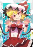  1girl adapted_costume blonde_hair bow bowtie carte character_name claw_pose cowboy_shot flandre_scarlet flat_chest grin half-closed_eyes hat head_tilt highres looking_at_viewer mob_cap outline petticoat puffy_short_sleeves puffy_sleeves red_bow red_bowtie red_eyes red_skirt shirt short_sleeves skirt smile solo sparkle suspenders touhou white_outline white_shirt wing_collar wrist_cuffs 
