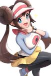  1girl :d absurdres black_pantyhose blue_eyes bow breasts brown_hair double_bun doughnut_hair_bun gonzarez hair_bun hand_on_own_chin highres large_breasts long_hair looking_at_viewer open_mouth pantyhose pantyhose_under_shorts pink_bow pokemon pokemon_(game) pokemon_bw2 pokemon_masters_ex raglan_sleeves revision rosa_(pokemon) shoes short_shorts shorts simple_background smile sneakers solo twintails very_long_hair visor_cap white_background yellow_shorts 