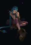  1girl absurdres arcane:_league_of_legends arcane_jinx arm_tattoo asymmetrical_bangs asymmetrical_hair bandaid bandaid_on_leg black_background blue_hair blue_nails bomb braid brown_footwear brown_gloves closed_mouth english_commentary explosive fingernails full_body gloves gun highres holding holding_bomb jinx_(league_of_legends) league_of_legends long_hair looking_at_viewer messy_hair multicolored_pants nail_polish pants pink_eyes pink_nails pink_pants purple_pants qi_mang_(qimang) serious simple_background sitting solo striped striped_pants tattoo twin_braids very_long_hair weapon 