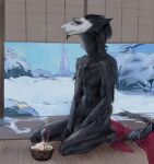  2019 akrolayn anthro black_body black_fur chopsticks digital_media_(artwork) digital_painting_(artwork) fish floor food fur hi_res kneeling male marine nude partially_inside plant sergal shaded smile smoke snow snowing solo white_body white_face white_fur winter 