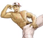  1boy abs backwards_hat bara baseball_cap brown_male_underwear bulge character_request colored_skin come_hither commission crotch_grab erection erection_under_clothes feet_out_of_frame hand_up hat hellme highres large_pectorals looking_at_viewer male_focus male_underwear male_underwear_peek muscular muscular_male navel navel_hair nipples original pectorals second-party_source seductive_smile short_hair smile solo spread_legs thick_eyebrows thick_thighs thighs topless_male underwear veins veiny_hands yellow_skin 