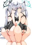  2girls ahoge all_fours animal_ear_fluff animal_ears anus ass ass_focus back bare_shoulders black_one-piece_swimsuit blue_archive blue_eyes blue_halo blush breast_press breasts broken_halo cameltoe censored clothing_cutout competition_swimsuit cross cross_hair_ornament crotch_cutout crotchless extra_ears from_behind grey_hair hair_ornament halo highres inverted_cross kneepits kojima_saya long_hair looking_at_viewer looking_back low_ponytail medium_breasts medium_hair mismatched_pupils multicolored_clothes multicolored_swimsuit multiple_girls official_alternate_costume one-piece_swimsuit pussy pussy_cutout shiroko_(blue_archive) shiroko_(swimsuit)_(blue_archive) shiroko_(terror)_(blue_archive) simple_background smile swimsuit take_your_pick two-tone_swimsuit very_long_hair white_background wolf_ears 
