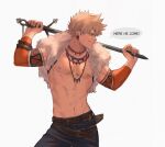  1boy 2nd_popularity_poll_(boku_no_hero_academia) bakugou_katsuki belt blonde_hair boku_no_hero_academia brown_belt chain closed_mouth contrapposto cowboy_shot earrings english_commentary english_text fur_trim grey_background hands_up highres holding holding_sword holding_weapon jewelry keva_(liltkeva) looking_to_the_side male_focus necklace nipples official_alternate_costume over_shoulder pants short_hair simple_background smile solo speech_bubble sword sword_over_shoulder toned toned_male tooth_earrings tooth_necklace weapon weapon_over_shoulder 