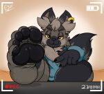  5_toes anthro black_body black_fur canid canine canis clothed clothing ear_piercing ear_ring electricsnowfox feet foot_focus fur grey_body grey_fur hi_res looking_at_viewer male mammal pawpads piercing ring_piercing soles solo toes wolf 
