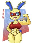  abs animal_crossing anthro big_breasts blue_background blue_eyes bodily_fluids breasts cleavage clothed clothing cotton_tail eyelashes eyeshadow female flexing flexing_bicep fur hand_behind_back head_tuft hi_res lagomorph leporid lipstick looking_at_viewer makeup mammal mira_(animal_crossing) muscular muscular_female navel nintendo one_eye_closed panties pink_background pink_lipstick purple_body purple_eyeshadow purple_fur rabbit raccoon_sama red_clothing red_panties red_underwear simple_background smile solo sweat sweatdrop tan_body tan_fur thick_thighs tuft underwear white_background wide_hips wink winking_at_viewer 