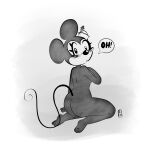  anthro breasts clothing dialogue disney female hat hat_only headgear headgear_only headwear headwear_only hi_res kneeling looking_at_viewer looking_back looking_back_at_viewer mammal minnie_mouse monochrome moshcantdraw mostly_nude mouse murid murine rear_view rodent side_boob simple_background solo 