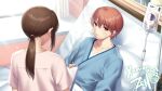  1boy 1girl angel_beats! bandages bandaid bandaid_on_face bed blurry blush brown_hair collarbone commentary commission day depth_of_field dutch_angle english_commentary eyelashes eyes_visible_through_hair game_cg hair_between_eyes highres hospital_bed hospital_gown indoors intravenous_drip light_rays long_hair long_sleeves looking_at_another nurse otonashi_yuzuru paid_reward_available parted_lips pink_shirt red_eyes second-party_source shirt short_hair short_sleeves sidelocks sitting skeb_commission solo_focus window zen_(kamuro) 