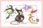  black_eyes border brown_eyes character_name claws commentary ditto drilbur framed fusion goldeen kazuko_(towa) no_humans open_mouth pink_border plusle pokemon pokemon_(creature) qwilfish raticate servine smile staravia 