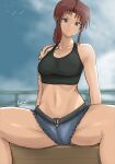  1girl absurdres black_lagoon breasts brown_eyes brown_hair closed_mouth commentary_request crop_top cutoffs denim denim_shorts highres kakujin long_hair looking_at_viewer medium_breasts midriff navel ponytail revy_(black_lagoon) shorts shoulder_tattoo solo tank_top tattoo thighs tribal_tattoo 