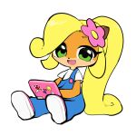  1:1 2022 activision alpha_channel anthro bandicoot biped blonde_hair chibi clothed clothing coco_bandicoot computer crash_bandicoot_(series) eyelashes female full-length_portrait fully_clothed fur green_eyes hair kawaanago0827 laptop looking_at_viewer mammal marsupial open_mouth open_smile orange_body orange_fur ponytail portrait simple_background sitting smile solo transparent_background 