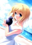  1girl air_(visual_novel) bird bird_on_hand blonde_hair blue_eyes blue_sky blurry blurry_background blush breasts cleavage closed_mouth cloud collarbone commentary_request crow day dress dutch_angle eyelashes eyes_visible_through_hair hair_between_eyes hands_up kamio_misuzu lips looking_at_viewer medium_hair ocean off_shoulder outdoors sky smile solo spoilers sundress upper_body white_dress zen_(kamuro) 
