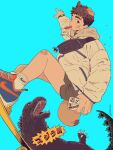  1boy animal_ears ankle_socks aqua_background baduki_(tenji) bandaid bandaid_on_knee bandaid_on_leg black_shorts brown_hair cellphone dog_boy dog_ears dog_tail fanny_pack food_in_mouth full_body godzilla godzilla_(series) grey_jacket hand_up highres holding holding_phone jacket keychain looking_at_viewer male_focus original phone scar scar_on_cheek scar_on_face shoes short_hair shorts skateboard skateboarding smartphone socks solo tail tenji_(tenji_89) toned toned_male two-tone_footwear watch wireless_earphones wristwatch 