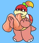  3_fingers 3_toes blonde_hair blue_background boom_boom fangs feet female fingers hair hi_res holding_tongue hyper hyper_tongue koopa long_tongue mario_bros nintendo pechaberry pink_body pom_pom_(mario) scalie simple_background solo standing teeth toes tongue tongue_out 